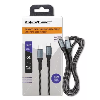 Qoltec 52358 USB-C-auf-USB-C-Kabel, USB 2.0, 480 Mbit/s, 100 W PD, QC 3.0, Nylongeflecht, 1,5 m, schwarz
