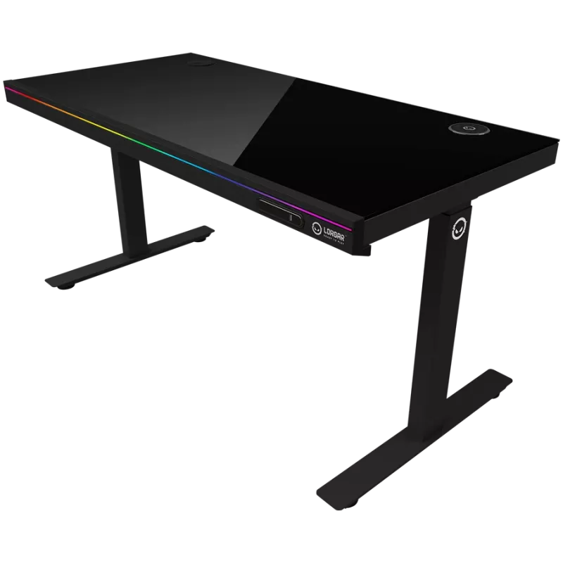 Höhenverstellbarer Gaming-Schreibtisch mit zwei Motoren, Sitz-/Stehfunktion, kabellosem Ladegerät, RGB-Beleuchtung, Bedienfeld und USB-Anschlüssen, Tischplatte aus gehärtetem Glas, schwarz