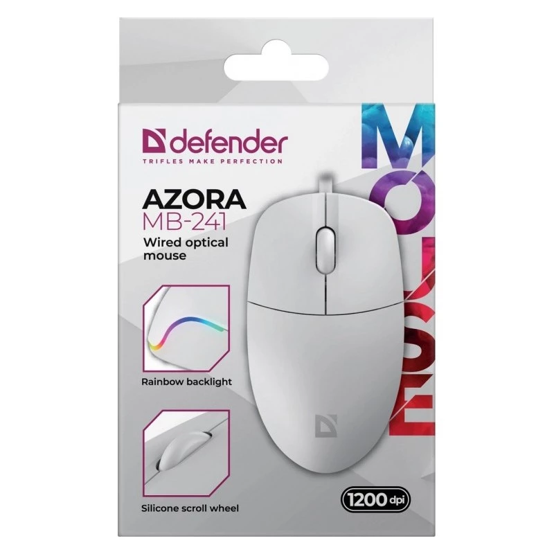 Kabelgebundene Maus DEFENDER AZORA MB-24 — beidhändige optische USB-Maus, 1200 dpi, 3 Auflösungsmodi, weiß, 109×86×34 mm