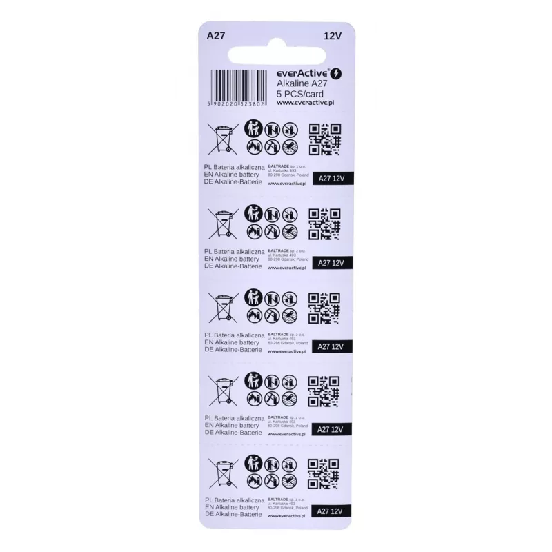 Wiederaufladbarer Batteriesatz everActive 27A5BL, alkalisch 12 V, zylindrisch, 5 Stück, 27,3 × 7,62 mm