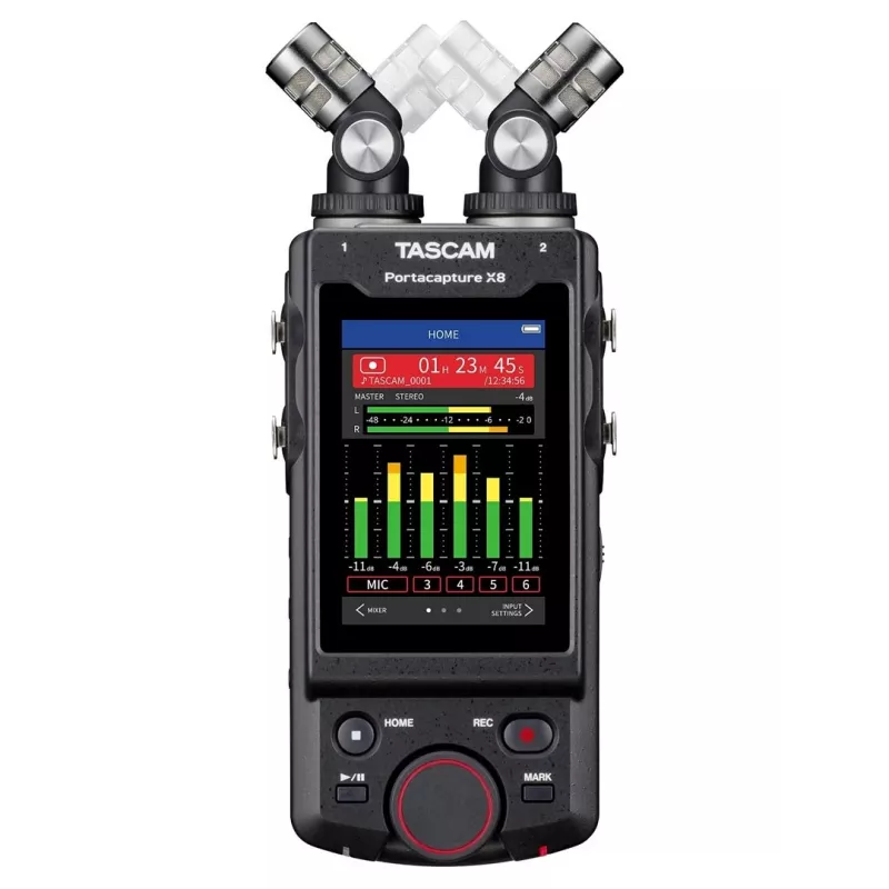 Tragbarer Mehrspur-Audio-Rekorder Tascam Portacapture X8 — 6-Kanal, 24/32-Bit, bis zu 96 kHz, 4 XLR/TRS-Combo-Eingänge, SD-Karte, USB-C, Batterie oder Netzteil