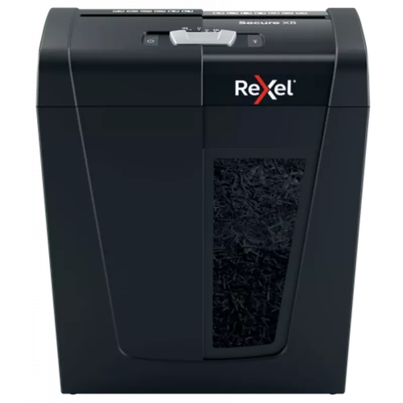 Aktenvernichter REXEL Secure X8 — Kreuzschnitt P-4, 4x40 mm, Kapazität 8 Blatt, 14 l Auffangbehälter, schwarz