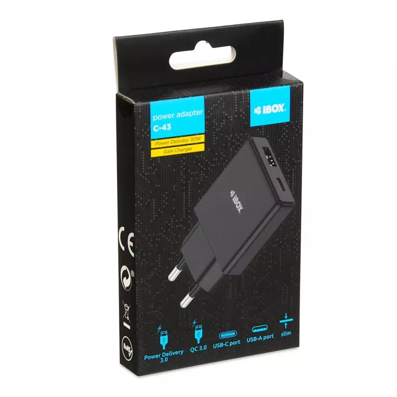 iBOX C-43 Slim GaN PD30W Wandladegerät, Schwarz