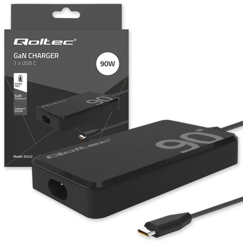 Qoltec 90W GaN Super Fast SLIM Wandladegerät | XP | 5-20V | 4,5A | USB-C 3.1 | Laptop | MacBook | Smartphone | + Kabel