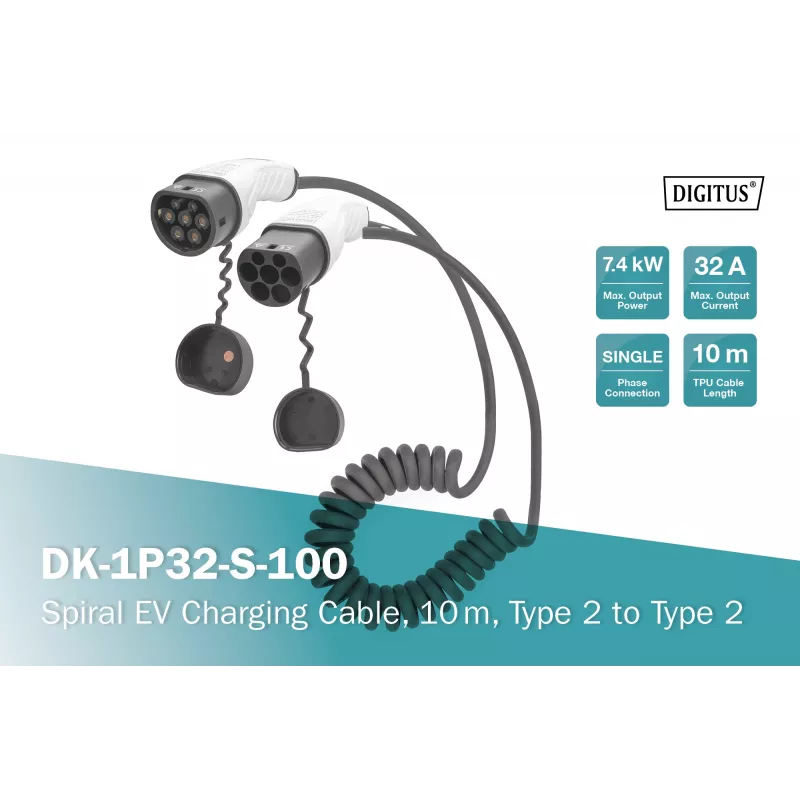 Digitus Spiral EV-Ladekabel 10 m Typ 2 auf Typ 2 32 A 240 V