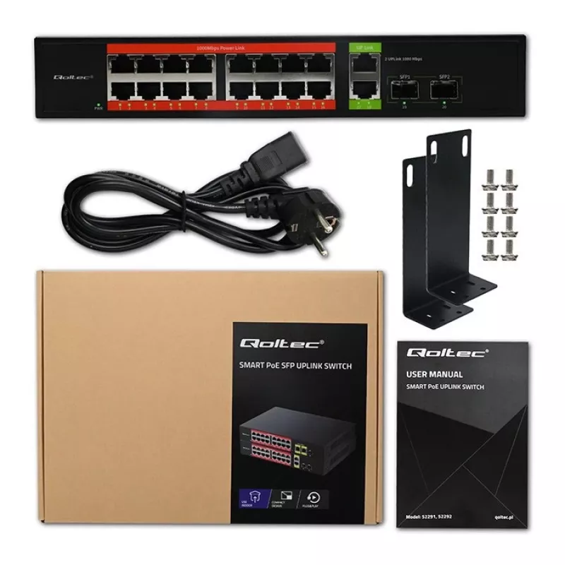 Netzwerk-Switch QOLTEC 52292 — Gigabit Ethernet PoE, 16x RJ45, 2x RJ45-Uplink, 2x SFP