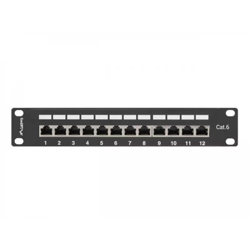 Patchpanel LANBERG PPF6-9012-B — 12-Port RJ45, Metall, schwarz, 1U (215×44,5×130 mm)