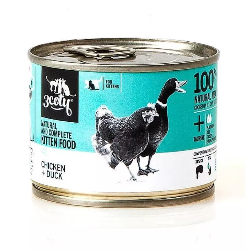 Nassfutter für Katzen 3coty Huhn & Ente für Kätzchen 180 g — Alleinfuttermittel, Protein 20%, Fett 9%, Feuchtigkeit 69,2%
