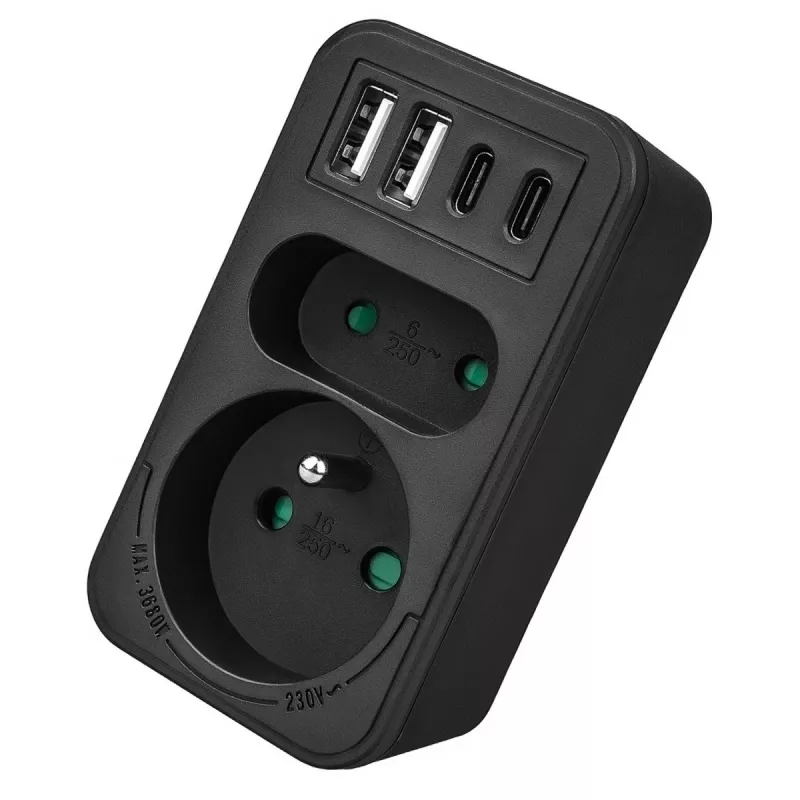 Power Splitter MACLEAN MCE249 F/B – 2 AC-Steckdosen (16A + 6A) mit 2×USB-A und 2×USB-C PD 20W, EU-Stecker, schwarz
