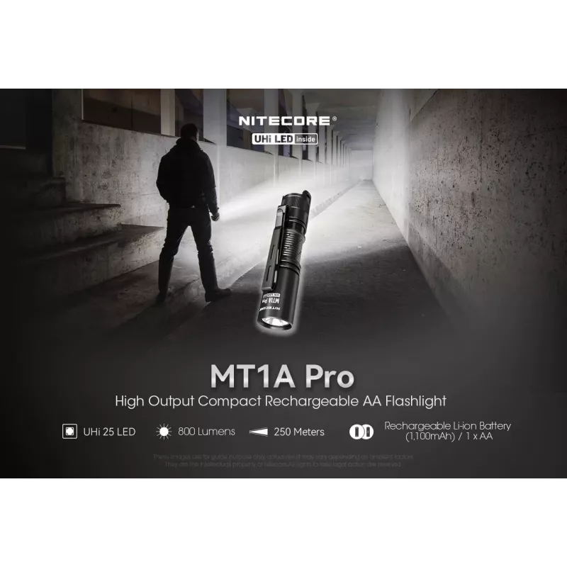 Handtaschenlampe Nitecore MT1A Pro — LED 50 lm, USB wiederaufladbar, 1100 mAh, Aluminium, wasserdicht, stoßfest, schwarz