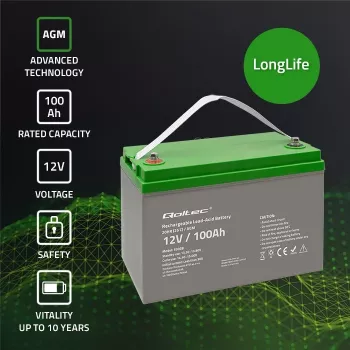 Qoltec 53038 AGM-Batterie | 12V | 100Ah | max 1200A