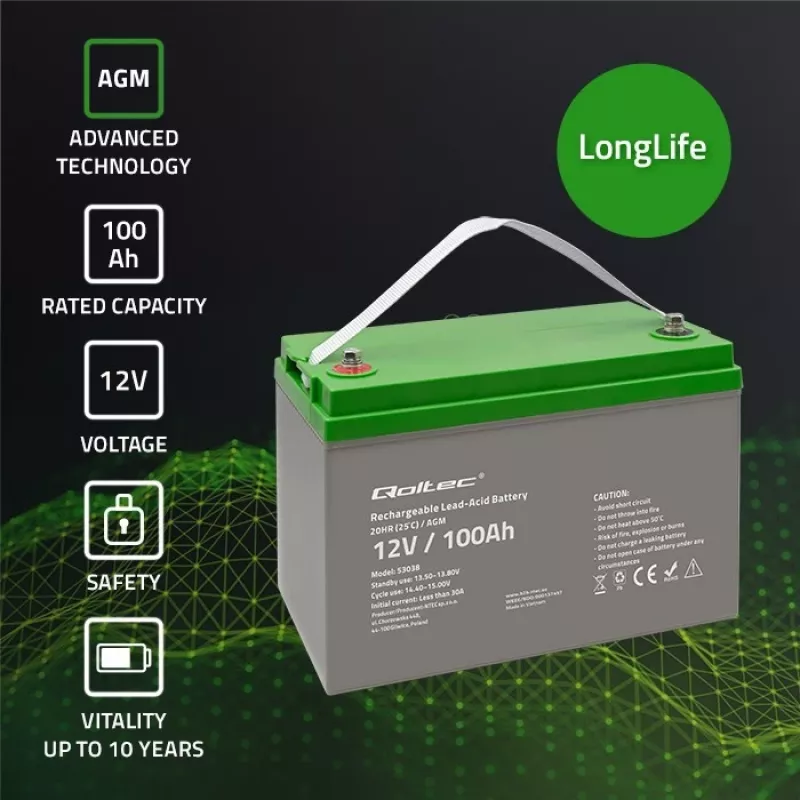 Qoltec 53038 AGM-Batterie | 12V | 100Ah | max 1200A