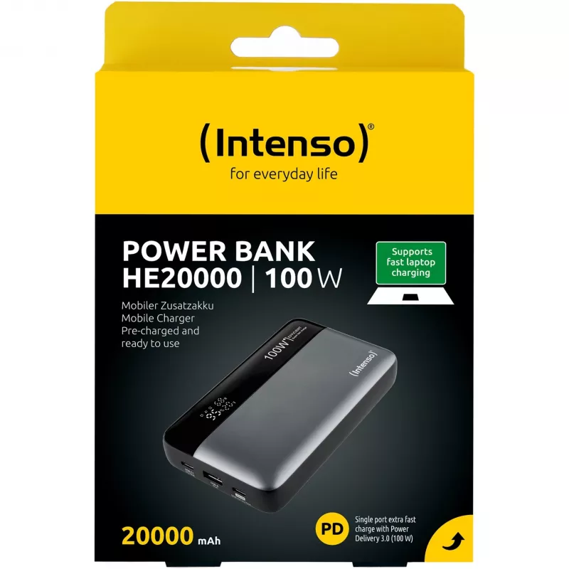 Powerbank INTENSO 7350050 — 20000 mAh, 1× USB-A + 2× USB-C, 100 W Gesamtausgangsleistung, schwarz/grau