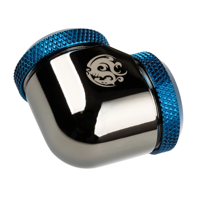 Bitspower Adapter 90° 16mm AD auf 16mm AD Hardtube, schwarz glänzend/blau