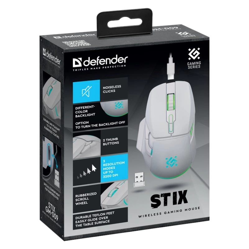 Kabellose Maus DEFENDER Stix GM-009 RF — optisch 3200 DPI, 6 Tasten, beidhändig, USB RF, batteriebetrieben, weiß