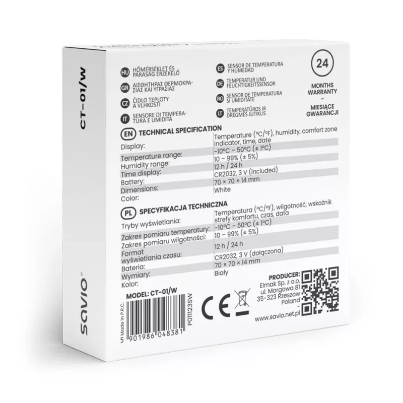 Innenraum-Temperatur- und Feuchtigkeitssensor SAVIO CT-01/W, LCD-Anzeige, -10–55 °C, 10–99 % rF, Batterie CR2032