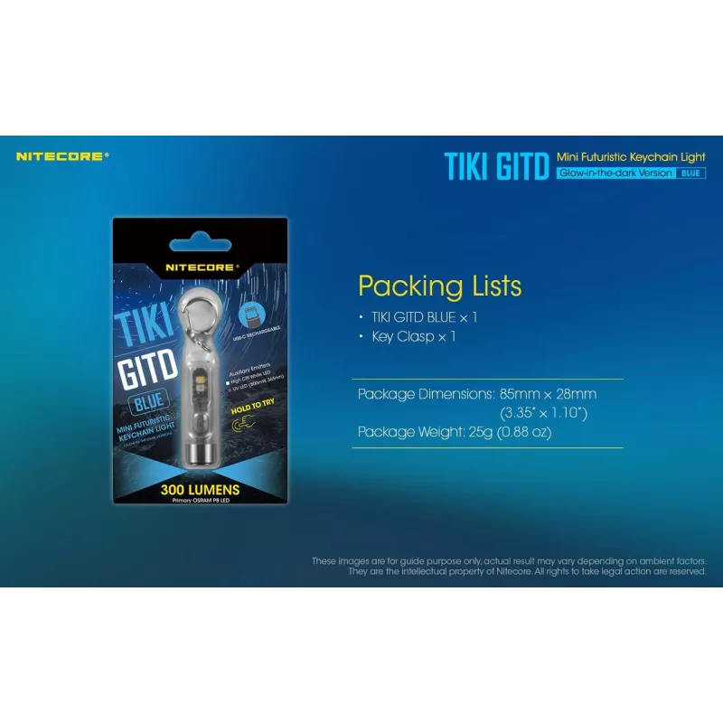 Schlüsselanhänger-Taschenlampe Nitecore TIKI GITD BLUE — grau, USB-aufladbar, 1 lm, 55 mm, 12 g, IP66, stoßfest