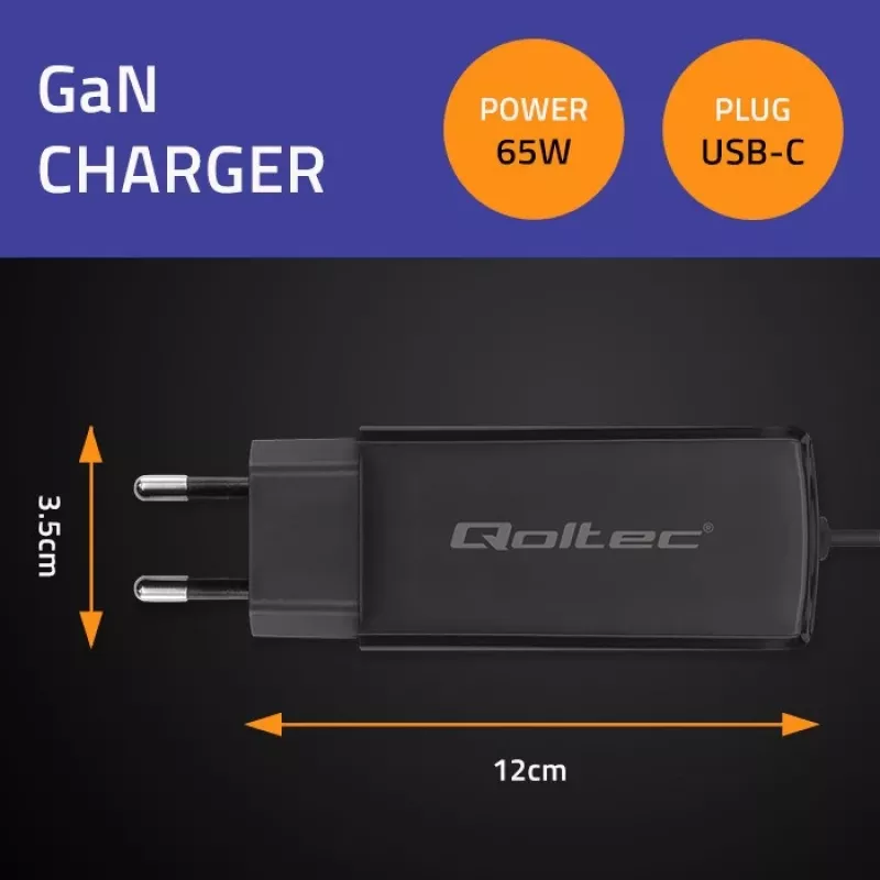 GaN-Laptop-Ladegerät QOLTEC 52419 65 W USB-C PD 5 V/20 V 3 A/3,25 A, 220–240 V, 1,8 m Kabel, schwarz