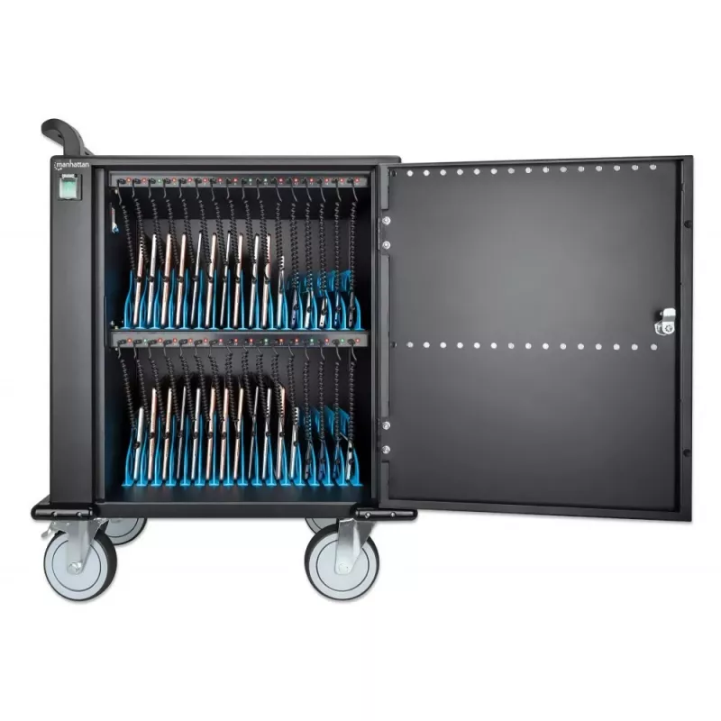 Manhattan iPad bis 13 Zoll, MacBook Air bis 13 Zoll & Chromebook bis 14 Zoll 32-Fach Lade-Wagen/Trolley über USB-C, Auch andere Tablets/Smartphones (mit Gerät-zu-USB-C-Kabel), Fächer 330x22x235 mm, Geräteladekabel nicht enthalten (empfohlen USB-C-Kabel 35