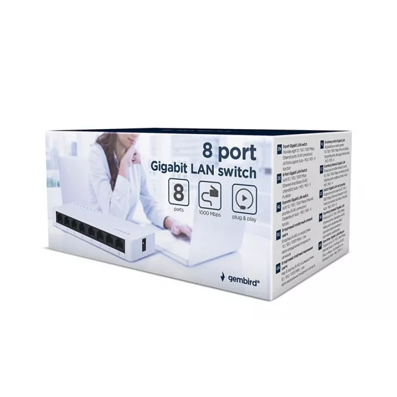 Unmanaged Switch GEMBIRD NSW-G8-01 – 8× Gigabit Ethernet (10/100/1000), Weiß, DC 5V