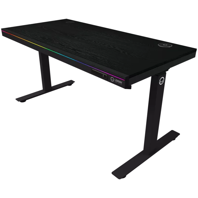 Höhenverstellbarer Gaming-Tisch mit Doppelmotor, kabellosem Ladegerät, RGB-Beleuchtung, Bedienfeld und USB-Anschlüssen, Tischplatte mit PB-Melamin-Oberfläche, schwarz