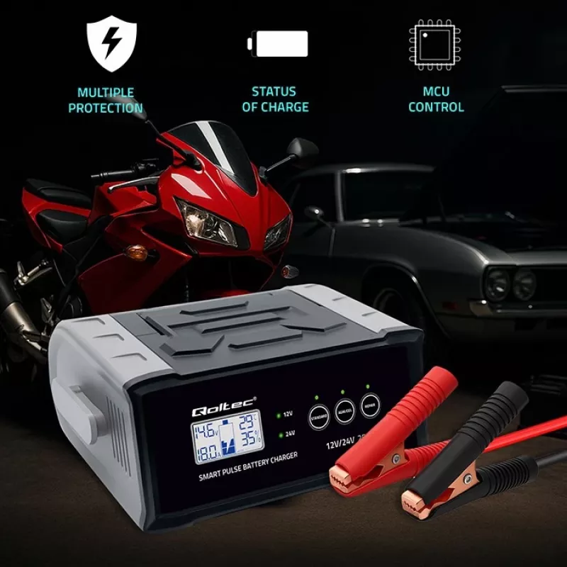 Batterieladegerät QOLTEC 52514 — 12V/24V, 25A, für AGM/GEL/SLA-Batterien mit LCD-Anzeige