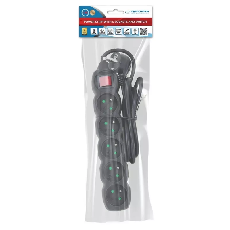 Power Extension Esperanza ELK214K 1.5 m Kabel 5 Type E outlets Indoor Schwarz
