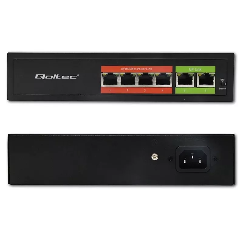 Ethernet PoE Switch QOLTEC 52289 — 4x RJ45 PoE-Ports, 2x RJ45 Uplink, 65W PoE-Budget