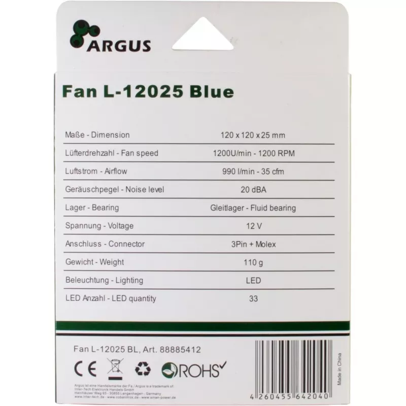 INTER-TECH Argus L-12025 120mm blauer LED Gehäuselüfter