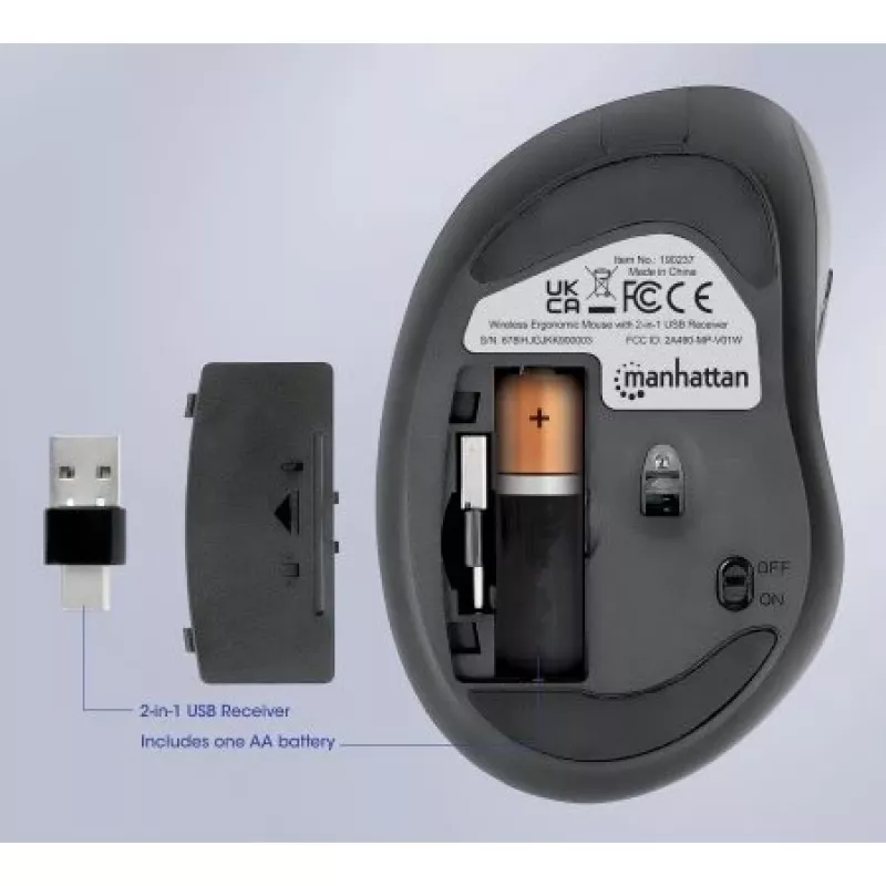 Manhattan Ergonomische kabellose Maus, rechtshändig, einstellbare 800/1200/1600 dpi, 2,4 GHz (bis zu 10 m), sechs Tasten mit Scrollrad, Combo-USB-A- und USB-C-Empfänger, Schwarz, AA-Batterie (enthalten), drei Jahre Garantie