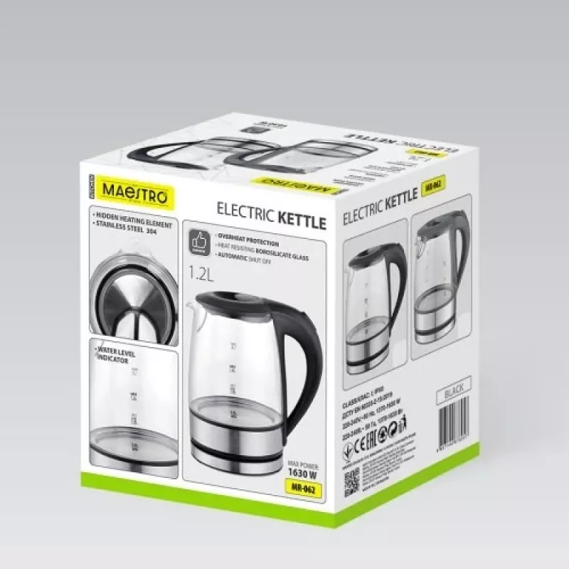 Maestro MR-062-BLACK Elektrischer Glaskessel, 1630 W, 1,2 L