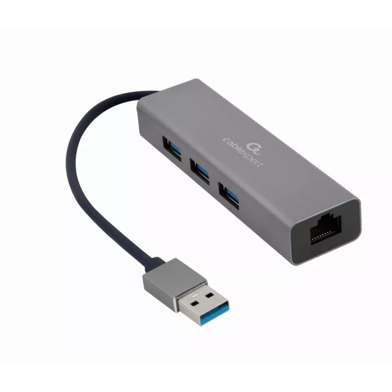 Gembird A-AMU3-LAN-01 USB-A-auf-Gigabit-LAN-Adapter mit 3-Port-USB-3.0-Hub, Schwarz