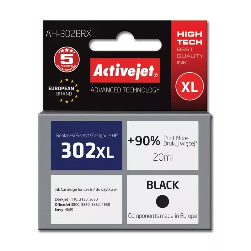 Activejet AH-302BRX Tinte (Ersatz für HP 302XL F6U68AE; Premium; 20 ml; schwarz)