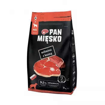 Trockenfutter für Hunde Pan Miesko Rind mit Ziege Adult Crunchy M — 9 kg, 30 % Protein, 20 % Fett, glutenfrei