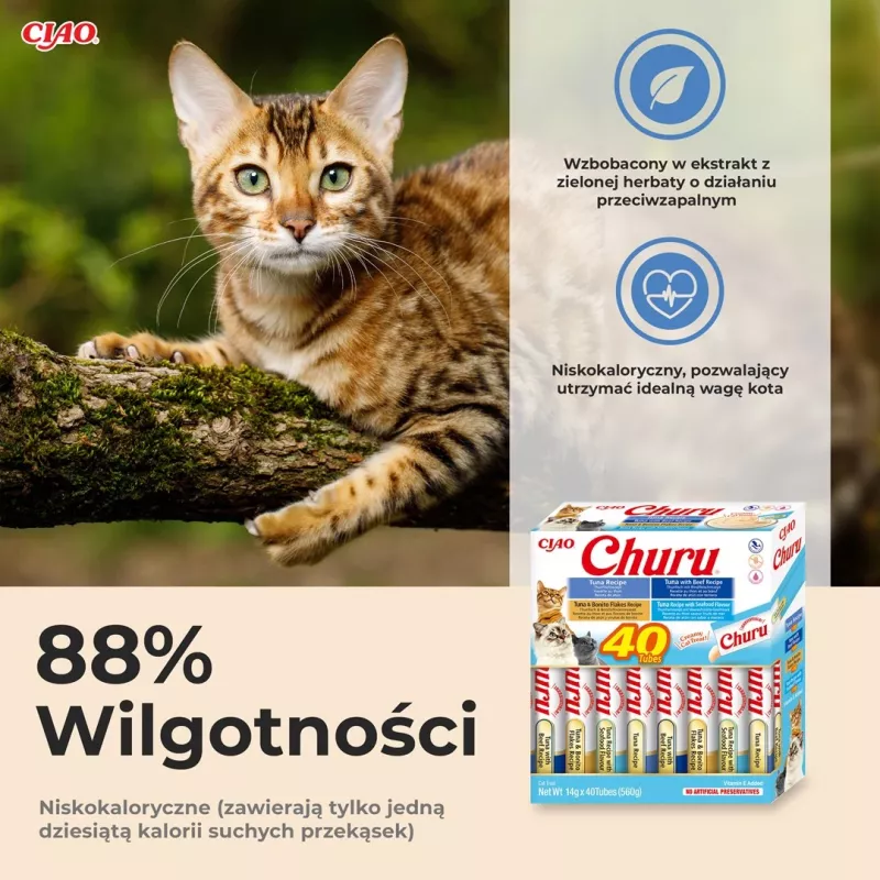 Feuchte Katzenleckerlis INABA Churu Sortimentsbox Thunfisch mit Meeresfrüchten — 40 x 14 g Pastenbeutel, getreidefrei, zuckerfrei