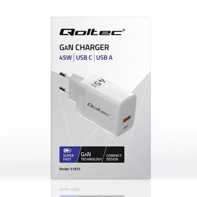 GaN 45W Ladegerät 5V 20V 1,5A 3A, 1x USB-C PD, 1x USB-A