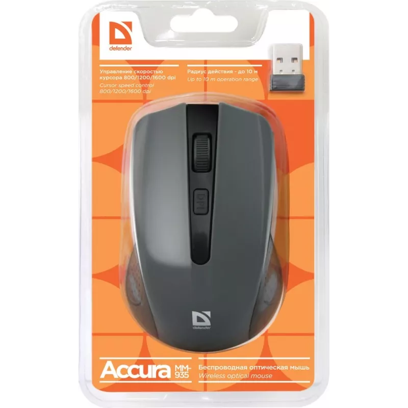 Kabellose optische Maus DEFENDER MM-935 RF, beidhändig, 1600 DPI, grau, USB-Empfänger, AAA-Batterien