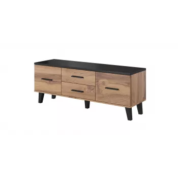 TV-Schrank Cama Meble LOTTA 140 cm — Rahmen Wotan-Eiche, schwarze Spanplatten-Oberfläche, 1400×400×530 mm