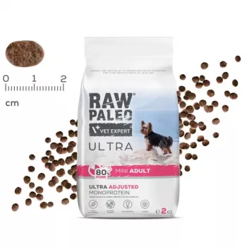 Trockenfutter für Hunde VETEXPERT RAW PALEO Ultra Pork Mini Adult 2 kg — ausgewachsene Hunde kleiner Rassen, Schwein, 31% Protein, 17,5% Fett