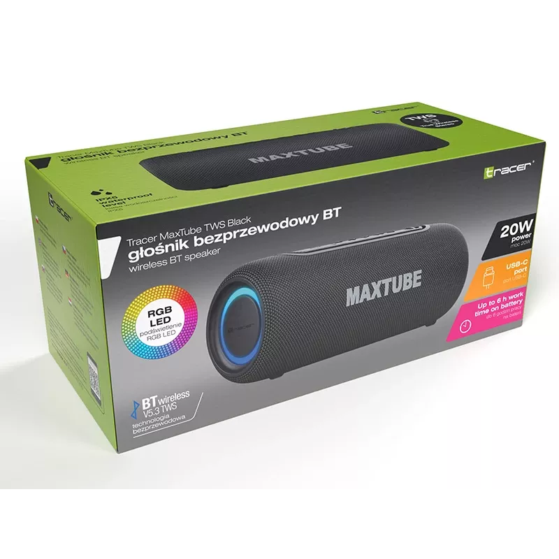 Lautsprecher TRACER MaxTube 20W TWS Bluetooth, schwarz — tragbarer kabelloser Sound, Stereoklang