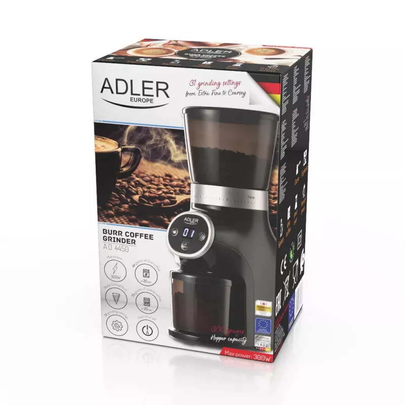 Professionelle Kaffeemühle, Stahlmahlwerk, 31 Mahlgradeinstellungen, Café 90g/m, Adler, AD4450, 300, Schwarz