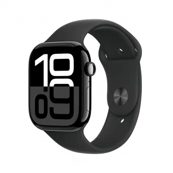 Apple Watch Series 10 GPS 46mm Gehäuse aus Aluminium in Jet Schwarz mit schwarzem Sportarmband – M/L