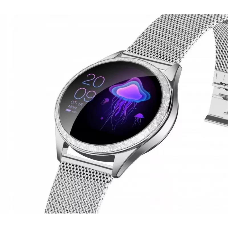 Smartwatch ORO-MED ORO-SMART CRYSTAL SILVER — rundes Metallgehäuse, LCD 240 × 198, 1,04 Zoll Display, Bluetooth 4.0, wasserdicht, 120 mAh Batterie