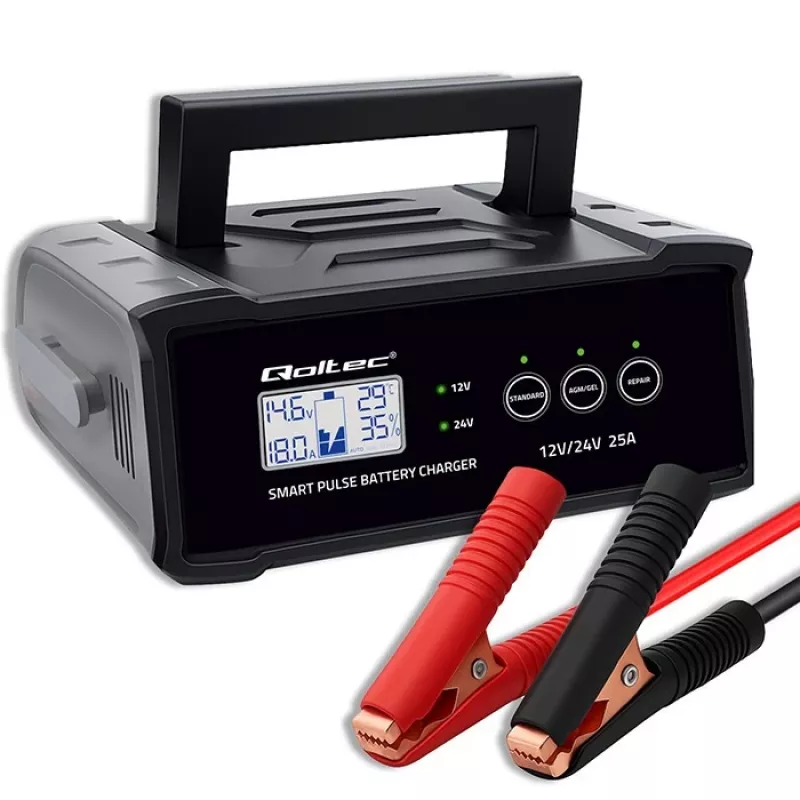 Batterieladegerät QOLTEC 52514 — 12V/24V, 25A, für AGM/GEL/SLA-Batterien mit LCD-Anzeige