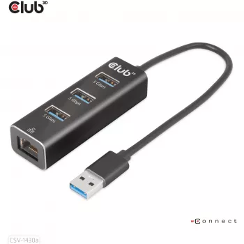USB-Hub CLUB3D USB 3.2 Gen1 Type-A mit 3 Anschlüssen und Gigabit-Ethernet