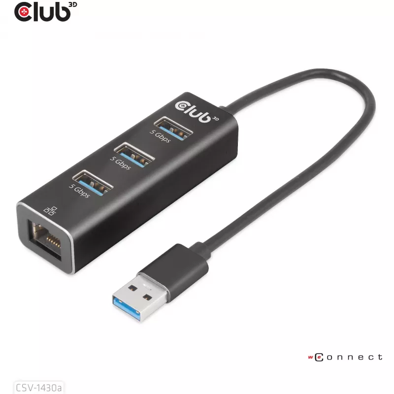 USB-Hub CLUB3D USB 3.2 Gen1 Type-A mit 3 Anschlüssen und Gigabit-Ethernet