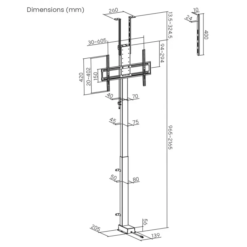 Maclean elektrische Decken-/Bodenhalterung, ausziehbar, 43''-88'', VESA 600x400, max. 60 kg, 100-240 V AC, 50/60 Hz
