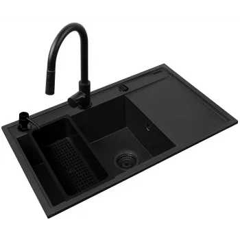 Küchenspüle-Set PYRAMIS CAMEA 79x50 1B 1D L mit IDEA Schwarz EDITION Mischbatterie, Granit, 79×50×19 cm, 1 Becken 49×38×19 cm