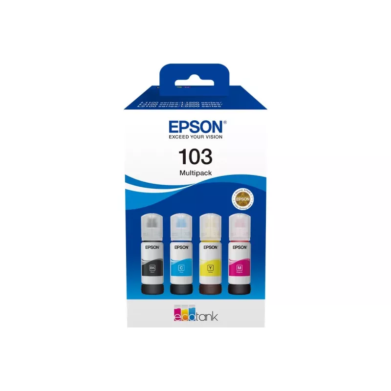 Tintenpatronen-Set Epson EcoTank 103 — Original 4-Farben-Set (Schwarz, Cyan, Magenta, Gelb), Schwarz 4500 S., Farbe 7500 S.