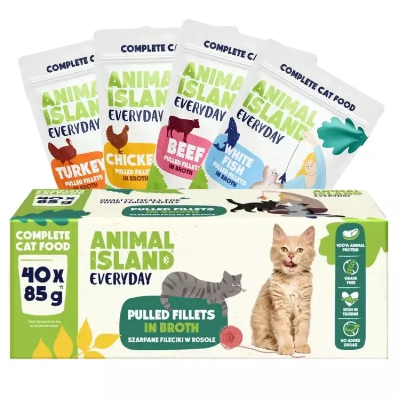 Nassfutter für Katzen animal island Everyday — Rind, Huhn, Pute & Weißfischfilets in Brühe, 40 x 85 g Beutel